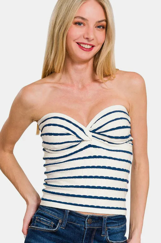 Zenana twisted sweetheart neck striped tube top with fitted design and vibrant pattern, perfect for casual summer outfits.