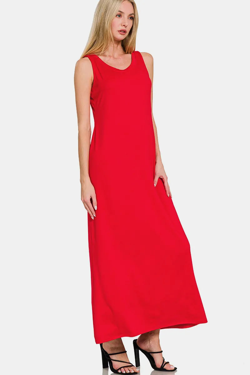 Zenana scoop neck wide strap tank dress featuring a relaxed fit and casual style, perfect for warm weather and summer outings.