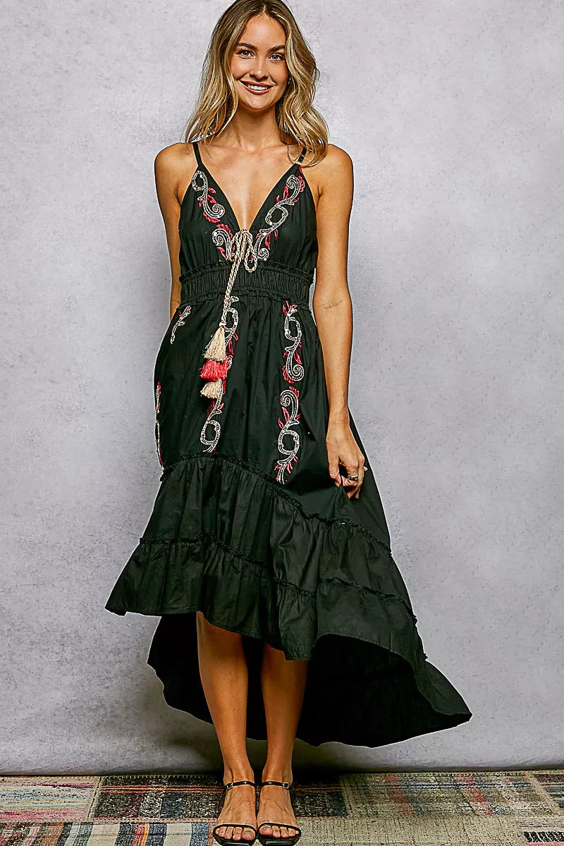 Trendsi POL embroidered detail tassel tie smocked waist midi tiered cami dress with embroidered accents and ruffled tiers