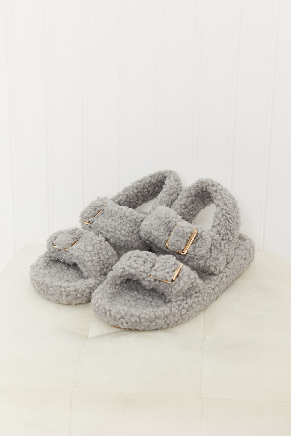 Grey Qupid Cozy Atmosphere faux fur buckled sandals with chunky heels, stylish and comfortable for casual wear.