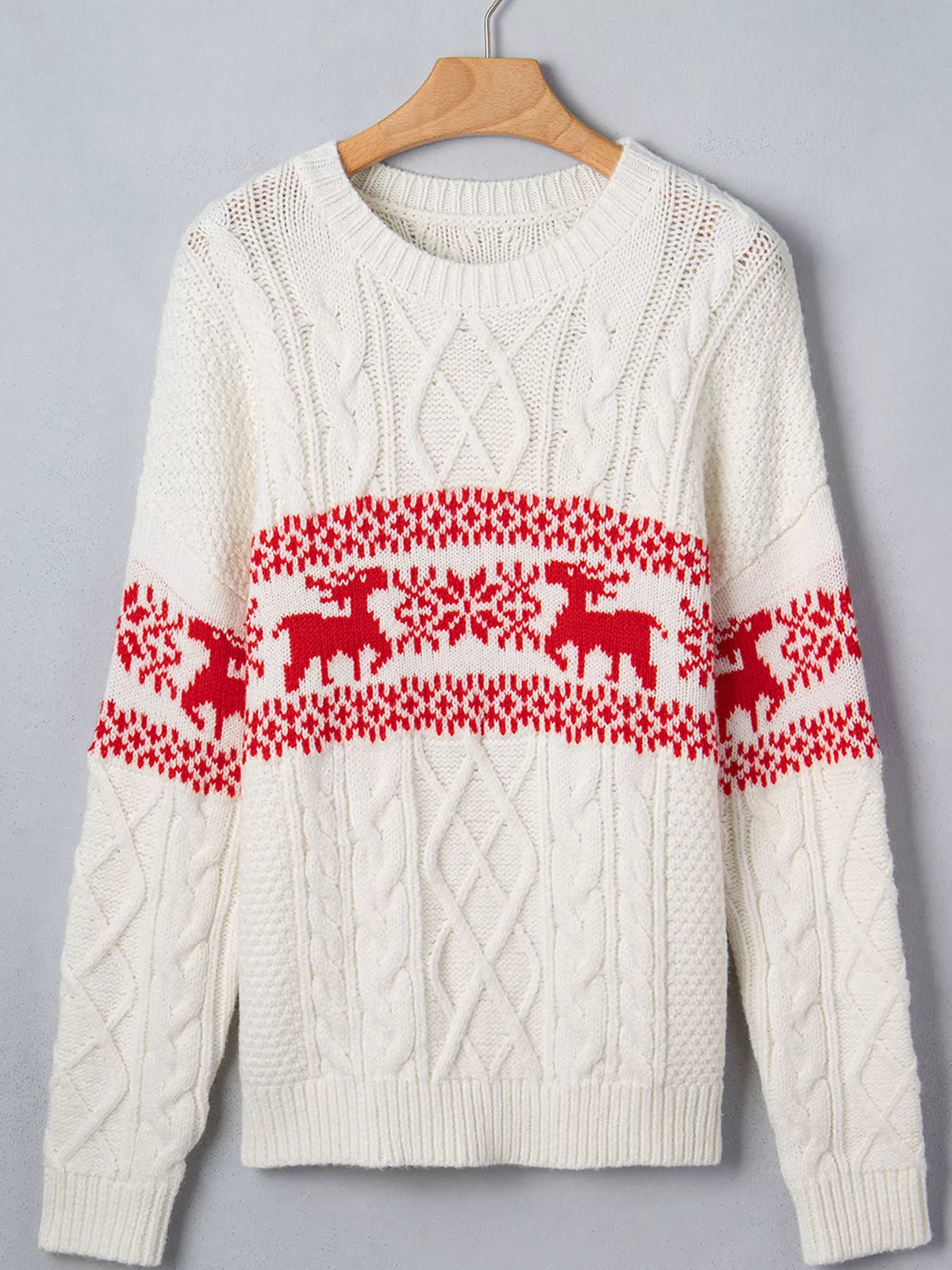 Cream reindeer pattern cable knit Christmas sweater, view 5