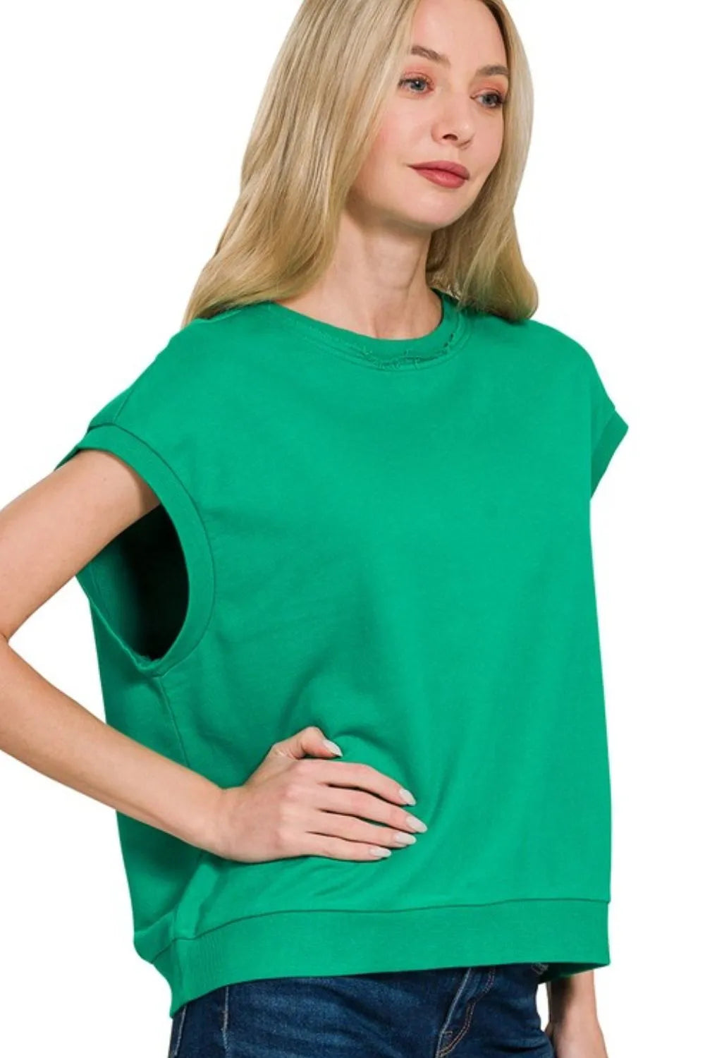 Light beige Zenana French Terry round neck cap sleeve T-shirt with a relaxed fit, casual style, and soft fabric.