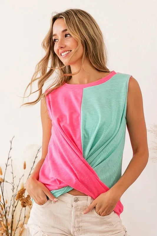 BiBi Slub Terry color block twisted top in neutral tones, featuring a relaxed fit and twisted neckline, from Trendsi.