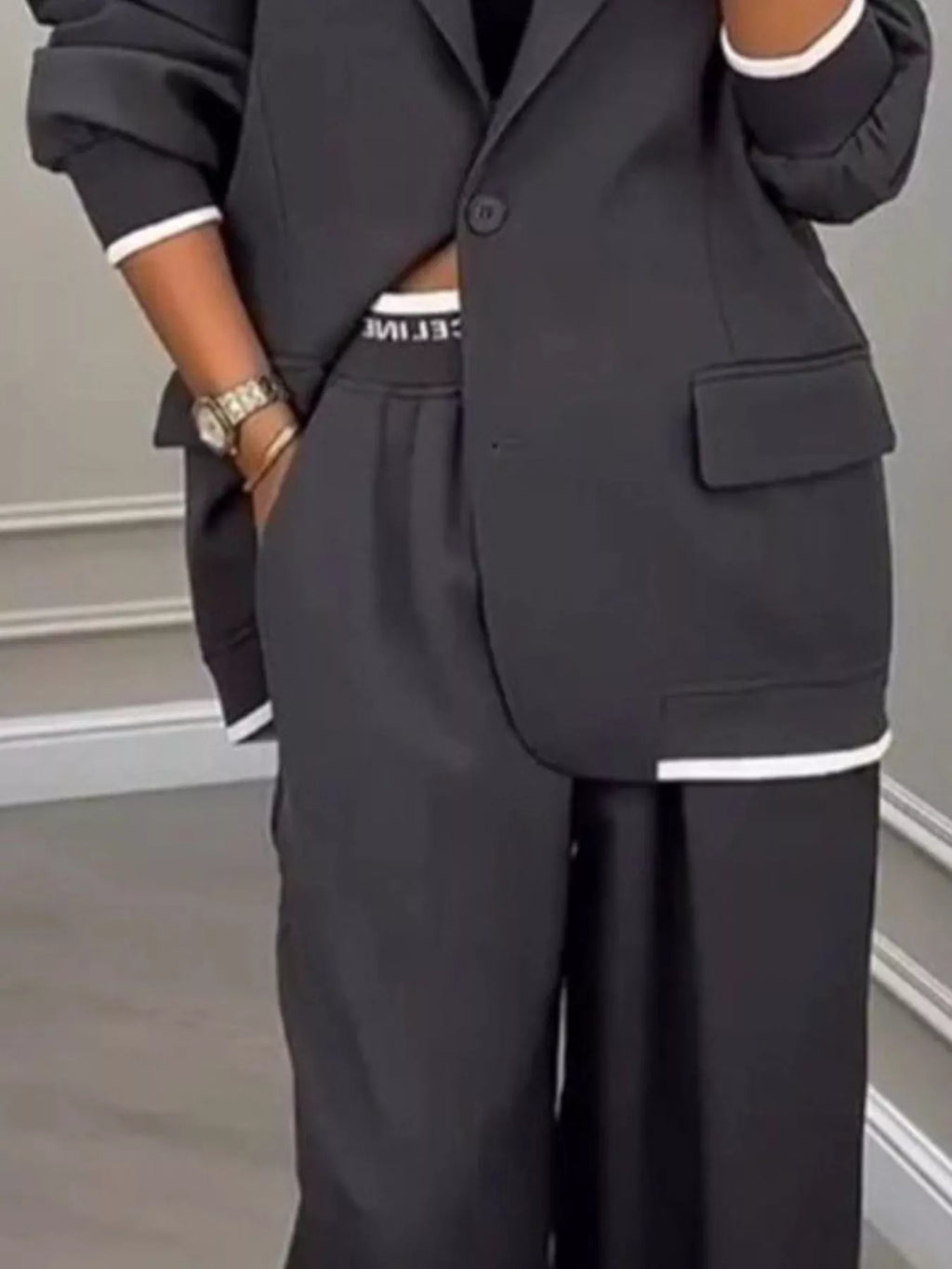 Plus size one-button blazer and wide-leg pants set, view 10