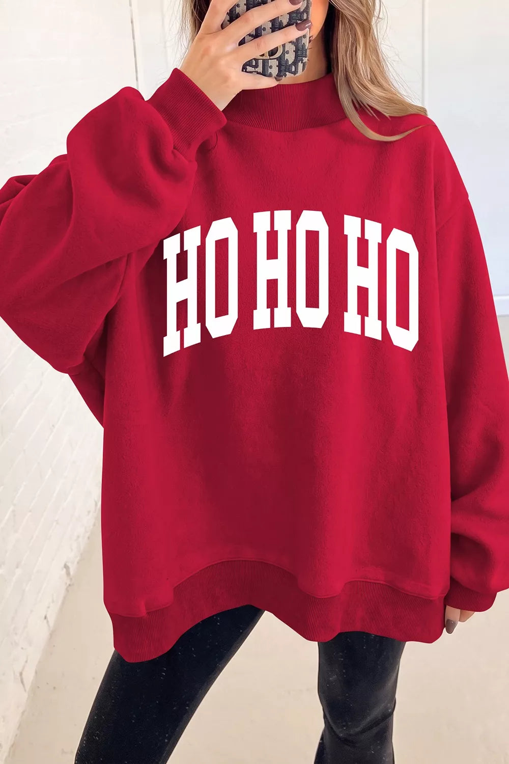 Deep red high neck tunic sweatshirt with MERRY slogan, view 4