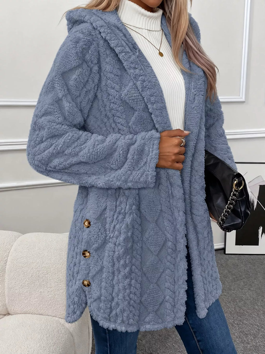 Plus size cozy cable-knit faux fur hooded outerwear from Trendsi, featuring a full-size, warm, and stylish winter coat.