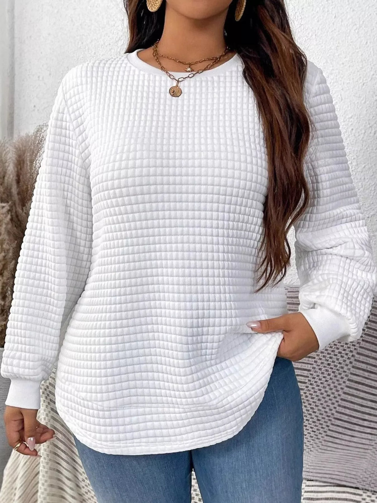 Plus size textured waffle knit crewneck sweatshirt