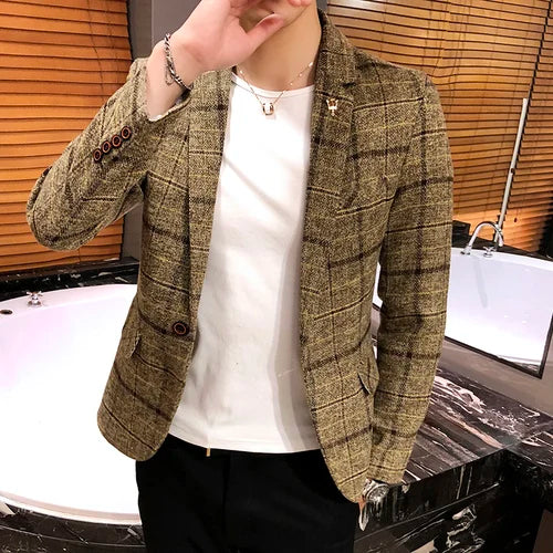 2025 New Men's Casual Plaid Suit Jacket Male Linen Plaid Business Self-cultivation Wedding Dress Party Suit Coat Plus Size S-5XL
