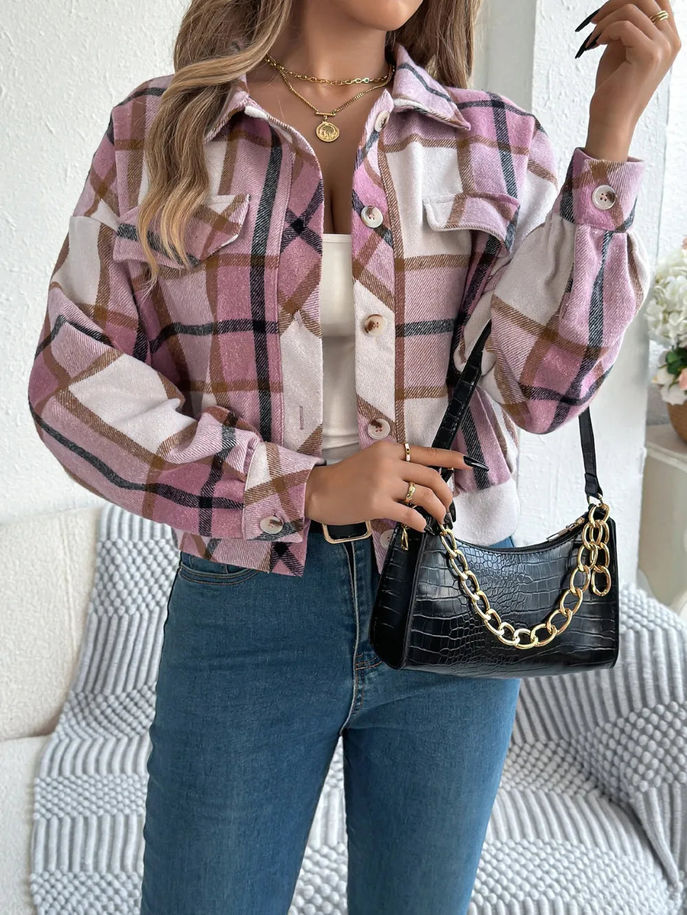 Plaid button-up long sleeve jacket, view 16
