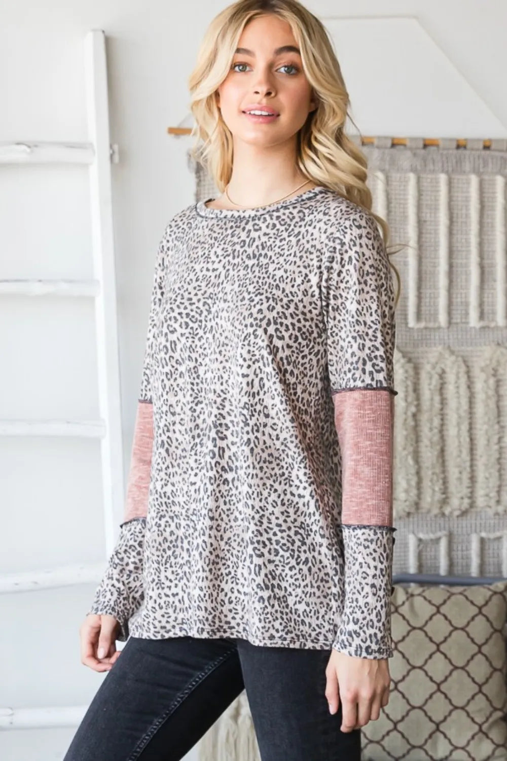 Heimish full size leopard contrast T-shirt with exposed seam, trendy design, black and beige leopard print, casual fit.