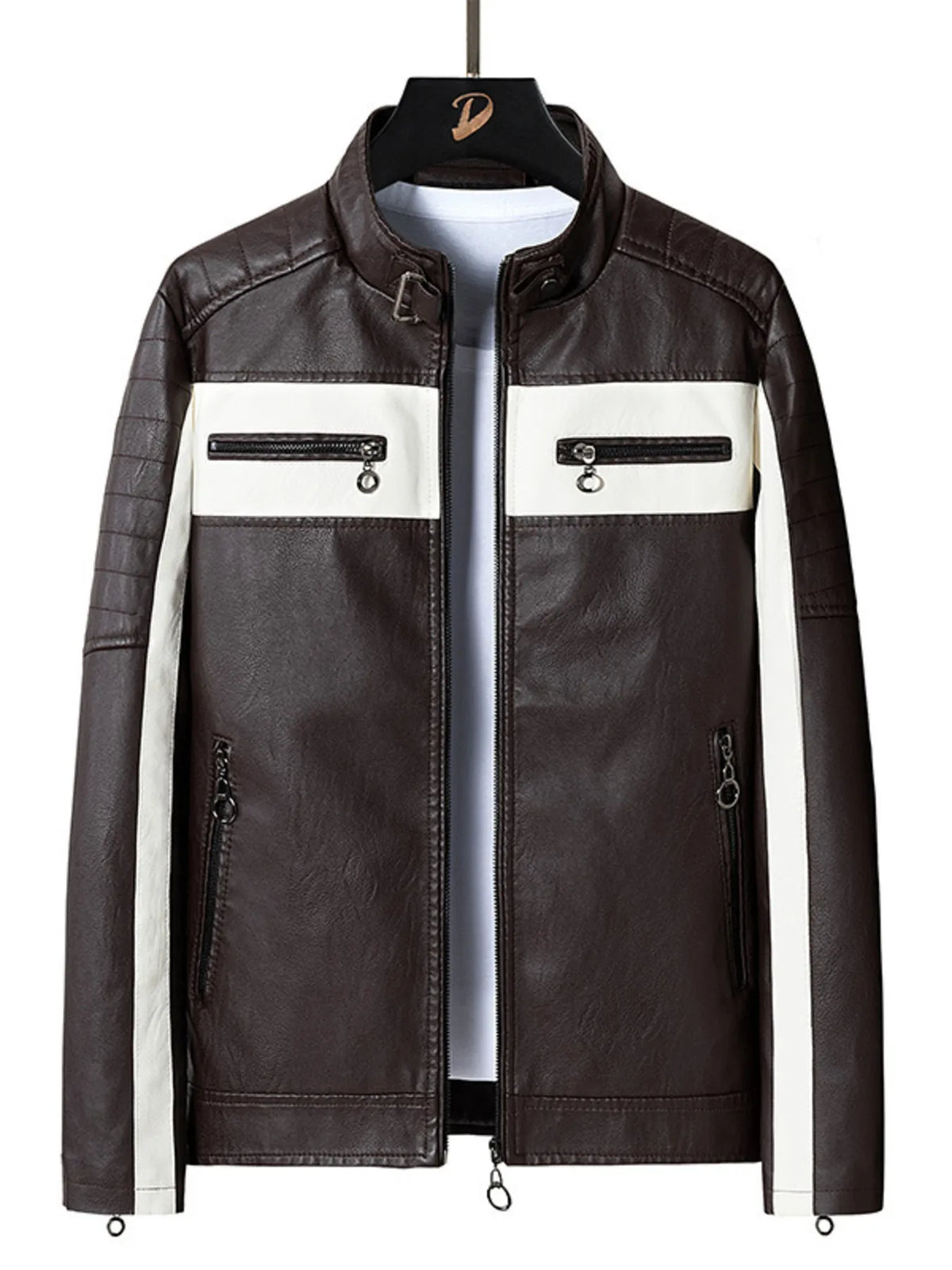 Men's plus size contrast faux leather zip-up jacket, view 5