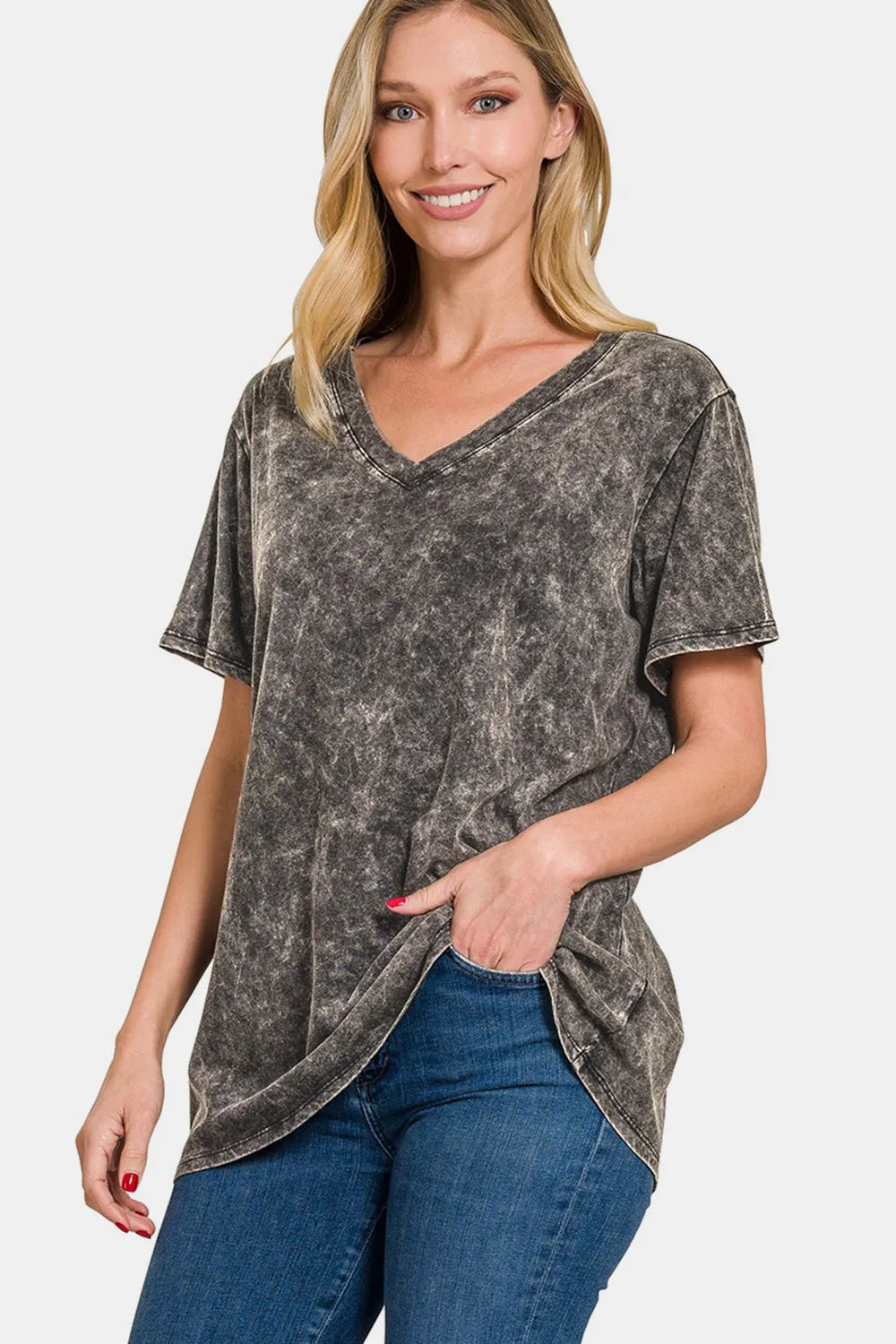 Black Zenana full size washed short sleeve V-neck T-shirt with a relaxed fit, displayed on a plain background.