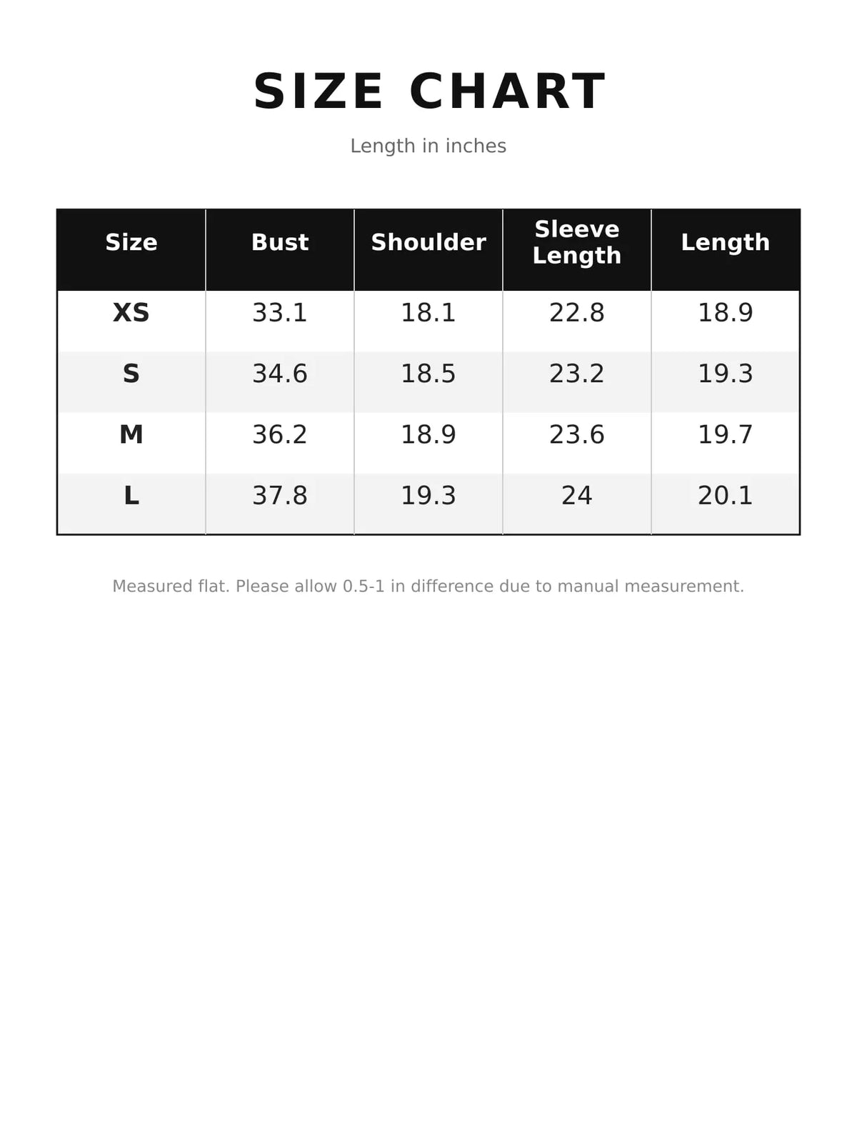 Size chart for cropped jacket with decorative buttons