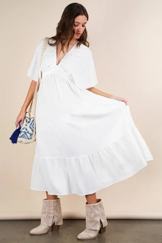 Trendsi Very J Mineral Washed Elastic Neck Detail Midi Dress featuring a relaxed fit and stylish neckline, shown on a model.