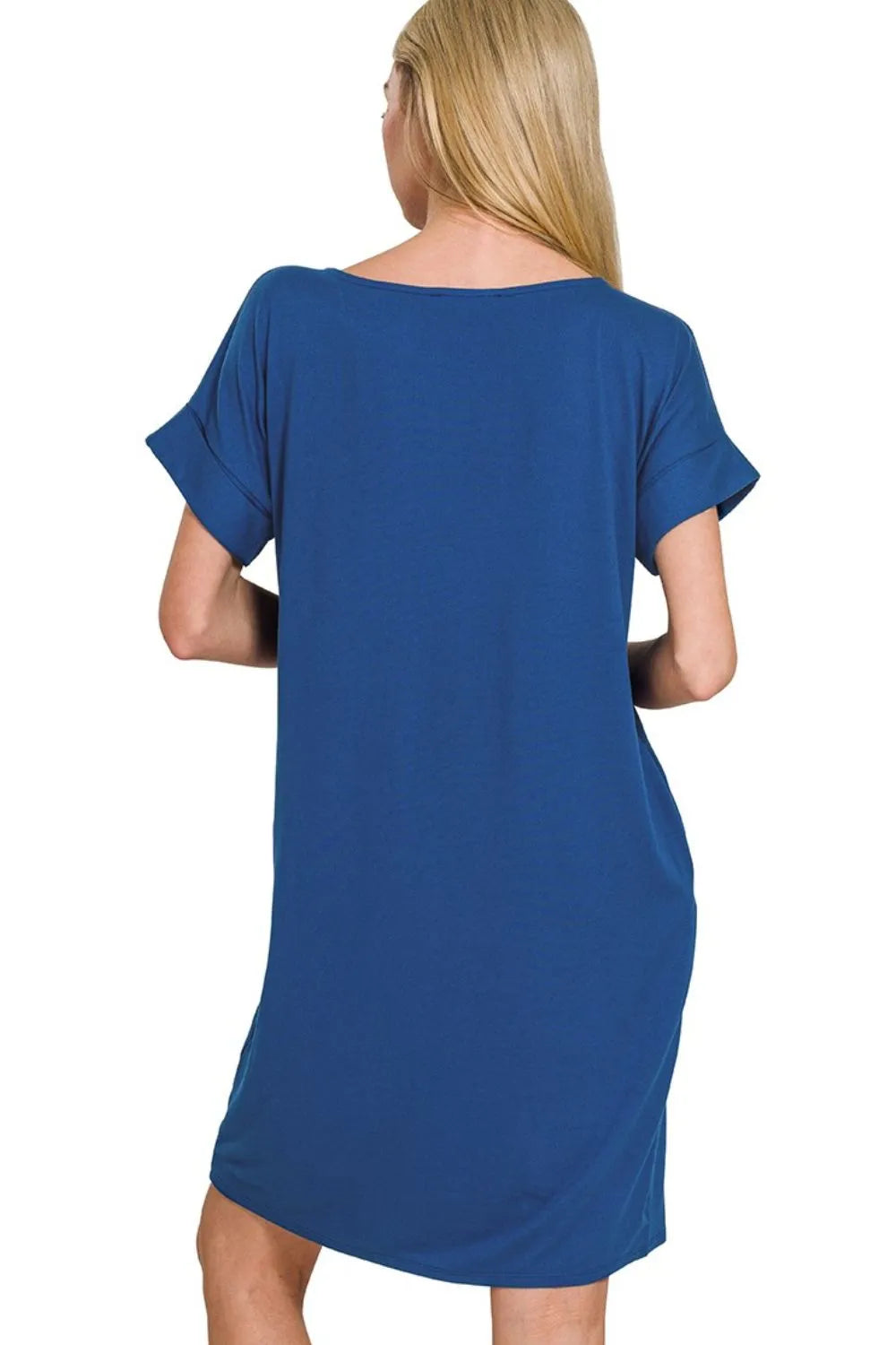 Zenana rolled short sleeve round neck dress featuring a casual fit and soft fabric in a versatile style.