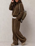 Corduroy button detail top and wide-leg pants set