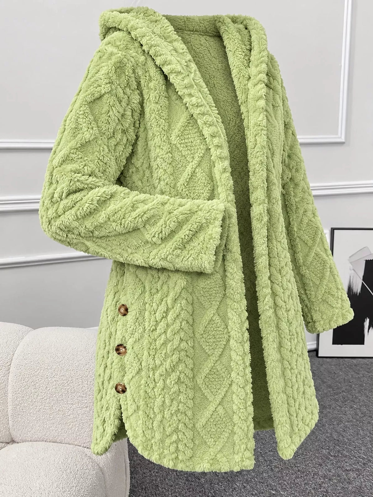 Plus size cozy cable-knit faux fur hooded outerwear by Trendsi, featuring a full-size, plush, and warm design with a hood.