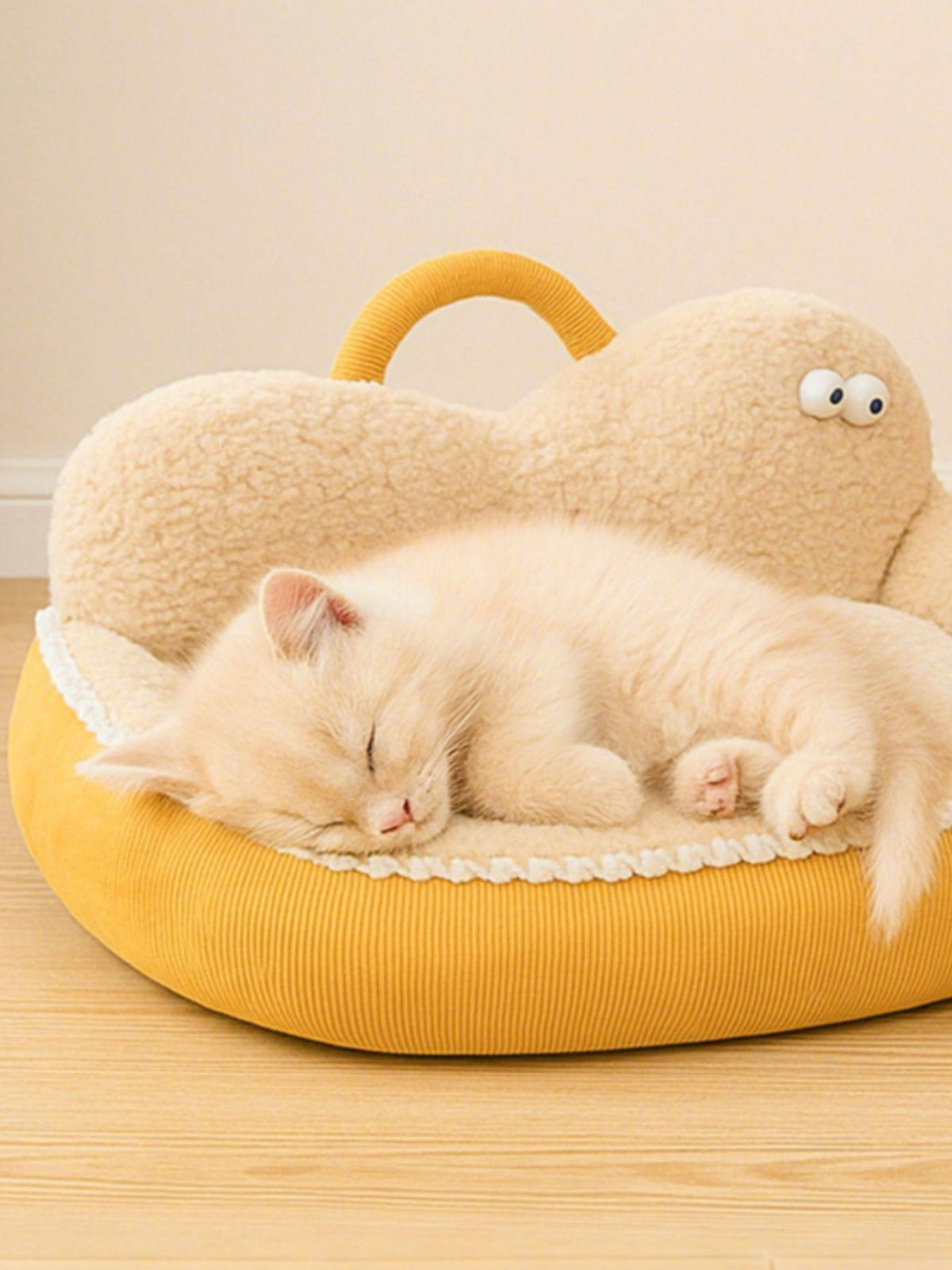 Cute cartoon design cozy pet nest with soft fabric and colorful pattern, ideal for small pets like cats or small dogs.