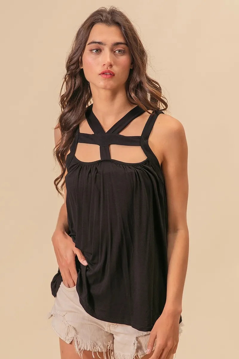 BiBi Rayon Span Jersey top with cut-out design and strap details, featuring a trendy, form-fitting silhouette.