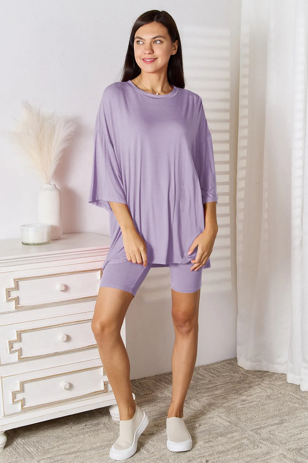 Soft rayon three-quarter sleeve top and shorts set by Trendsi, featuring a comfortable, casual loungewear look.