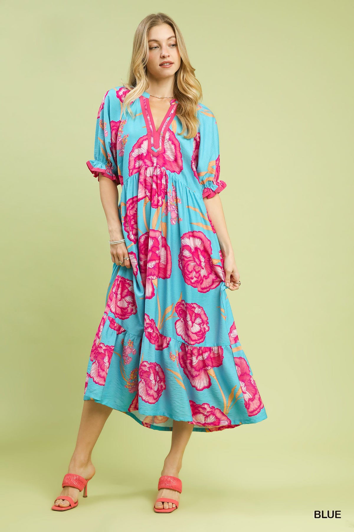 Floral print Umgee midi dress with contrast trim, featuring a relaxed fit and stylish design.