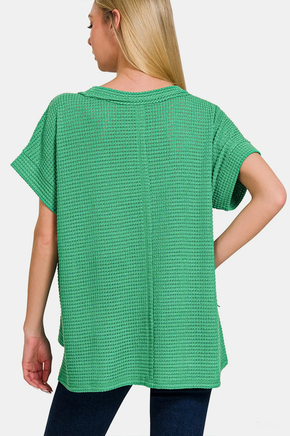 Zenana waffle exposed-seam short sleeve T-shirt in cream with a textured fabric and visible seam details, casual and comfortable style.