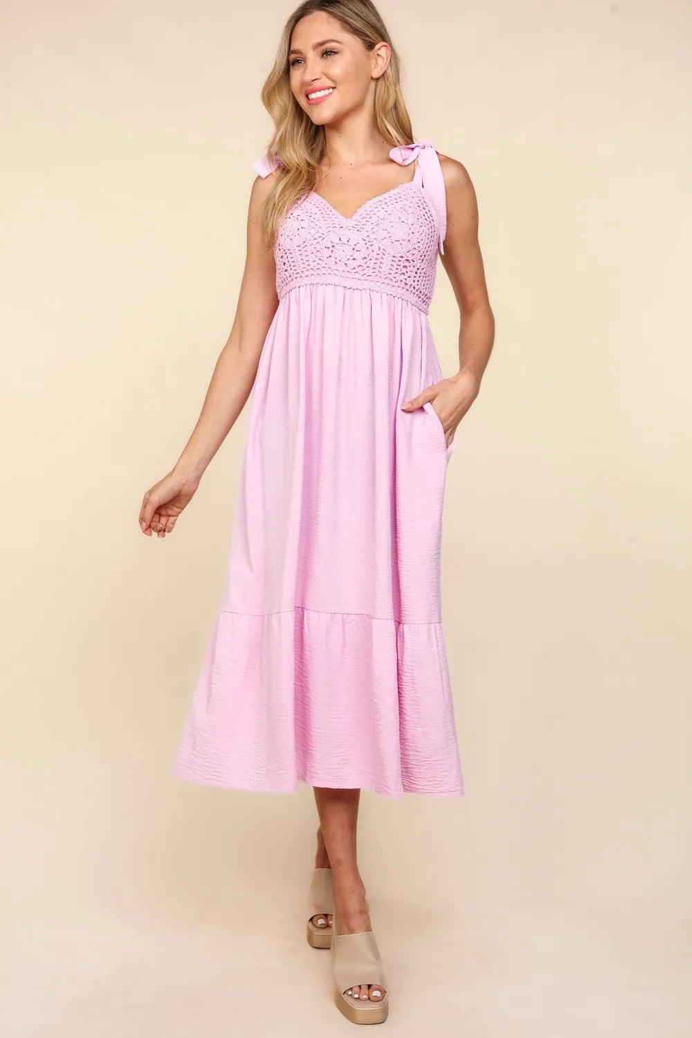 Haptics Crochet Lace Ruffle Hem Cami Midi Dress in soft fabric with delicate lace and ruffle details, perfect for casual or dressy occasions.