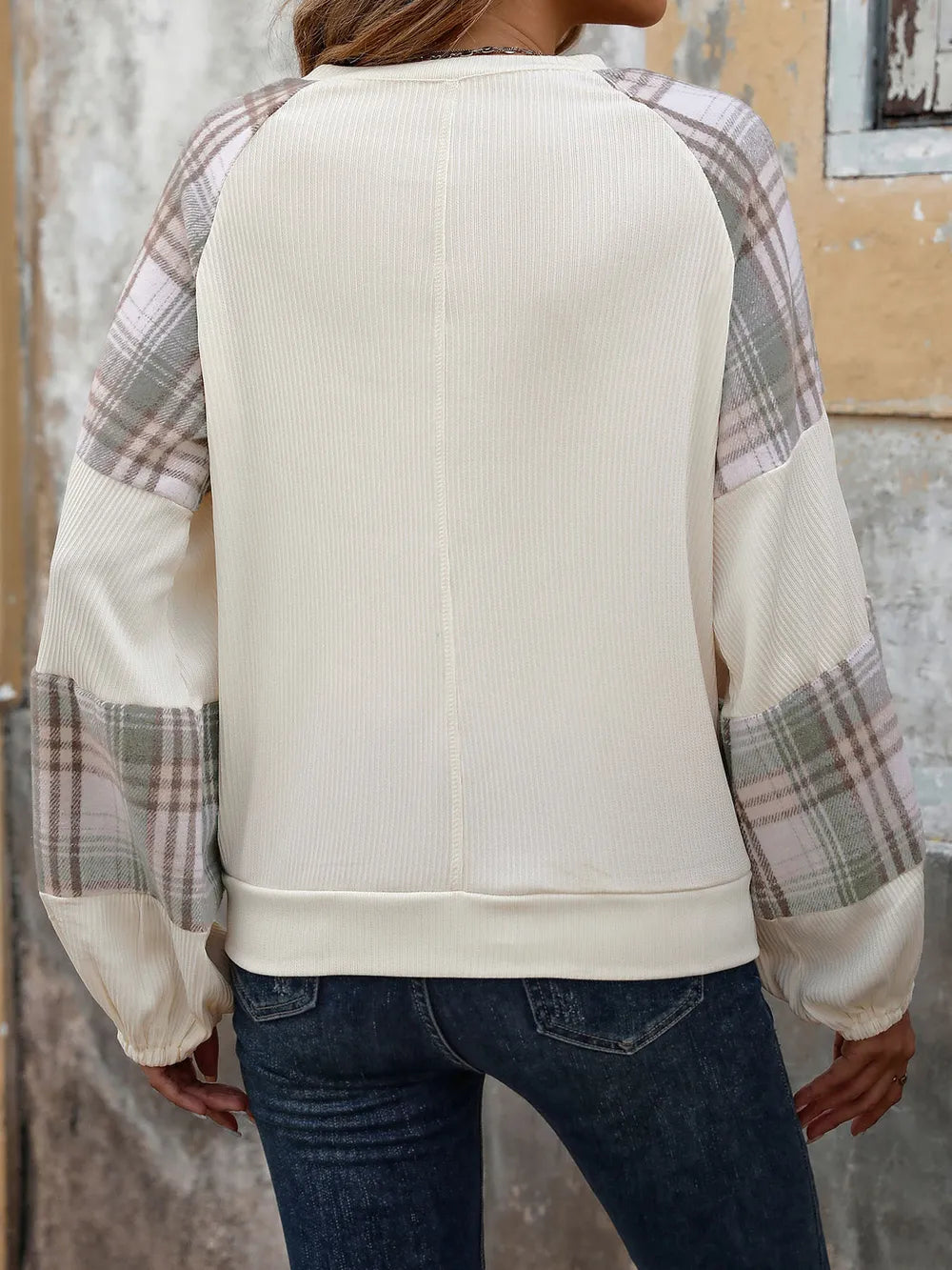 Cream plaid round neck long sleeve sweatshirt, view 2