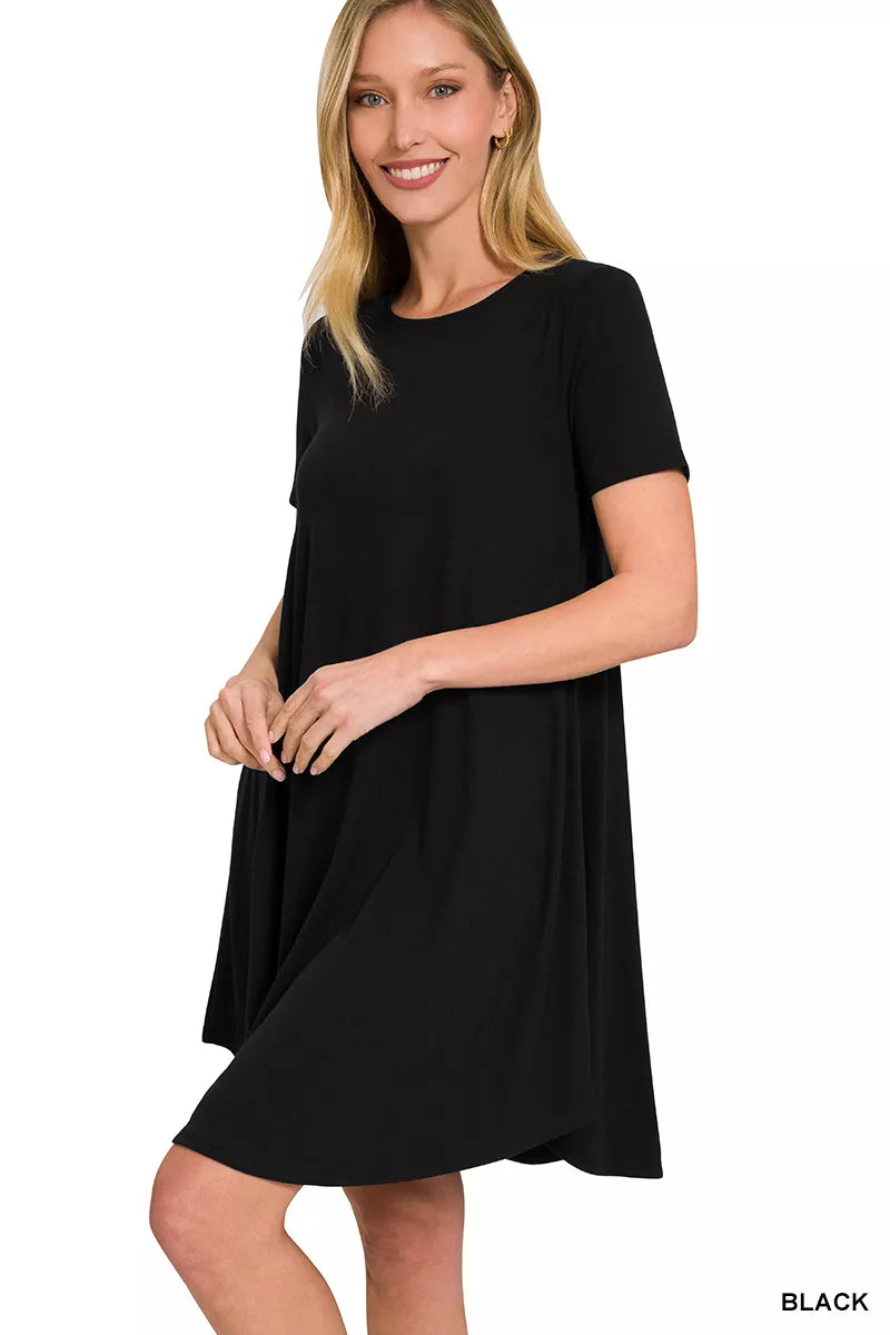 Zenana short sleeve round hem A-line dress with side pockets, casual and comfortable for everyday wear.