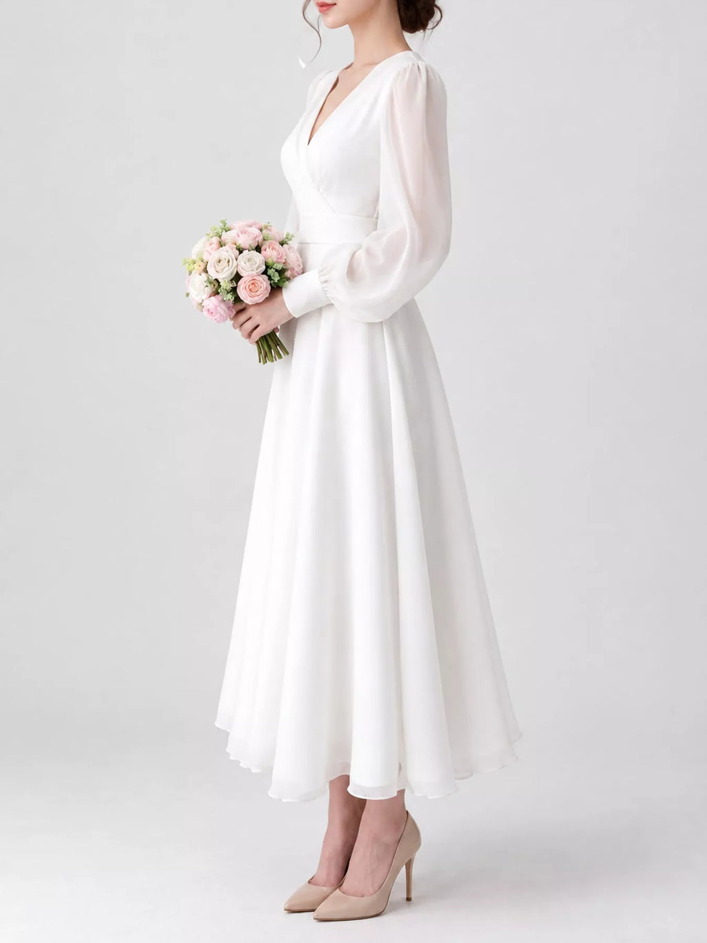 Surplice lantern sleeve midi dress by Trendsi featuring a fitted waist, flowing skirt, and elegant V-neck design.