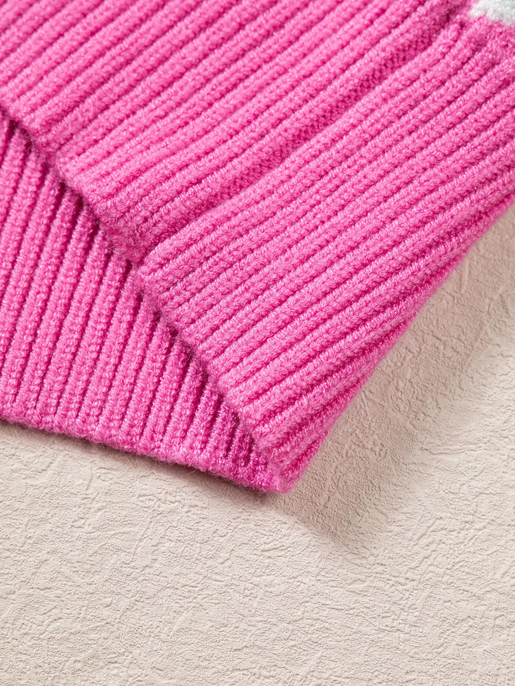 Fuchsia pink round neck Christmas graphic knit sweater, view 8