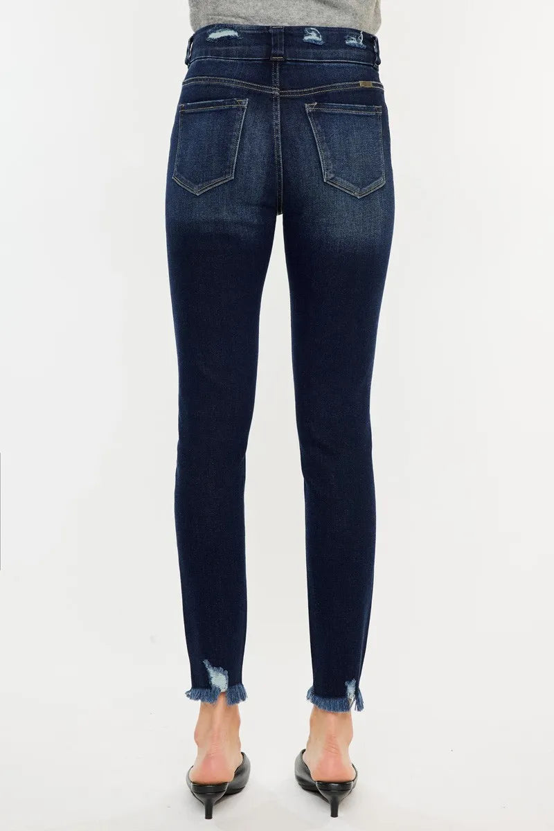 Kancan high waist jeans with raw hem and cat's whiskers embroidery, trendy denim from Trendsi with a full size fit.