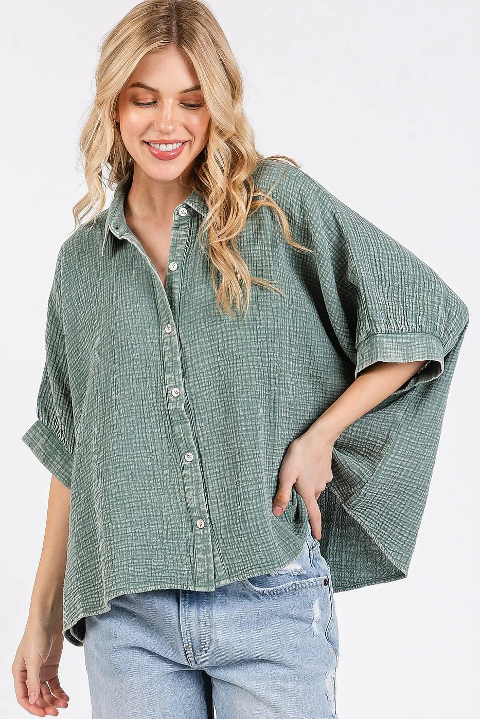 Mineroshop Mineral Wash Gauze Dolman Sleeve Button Down Shirt, soft fabric, relaxed fit, with front buttons and dolman sleeves.