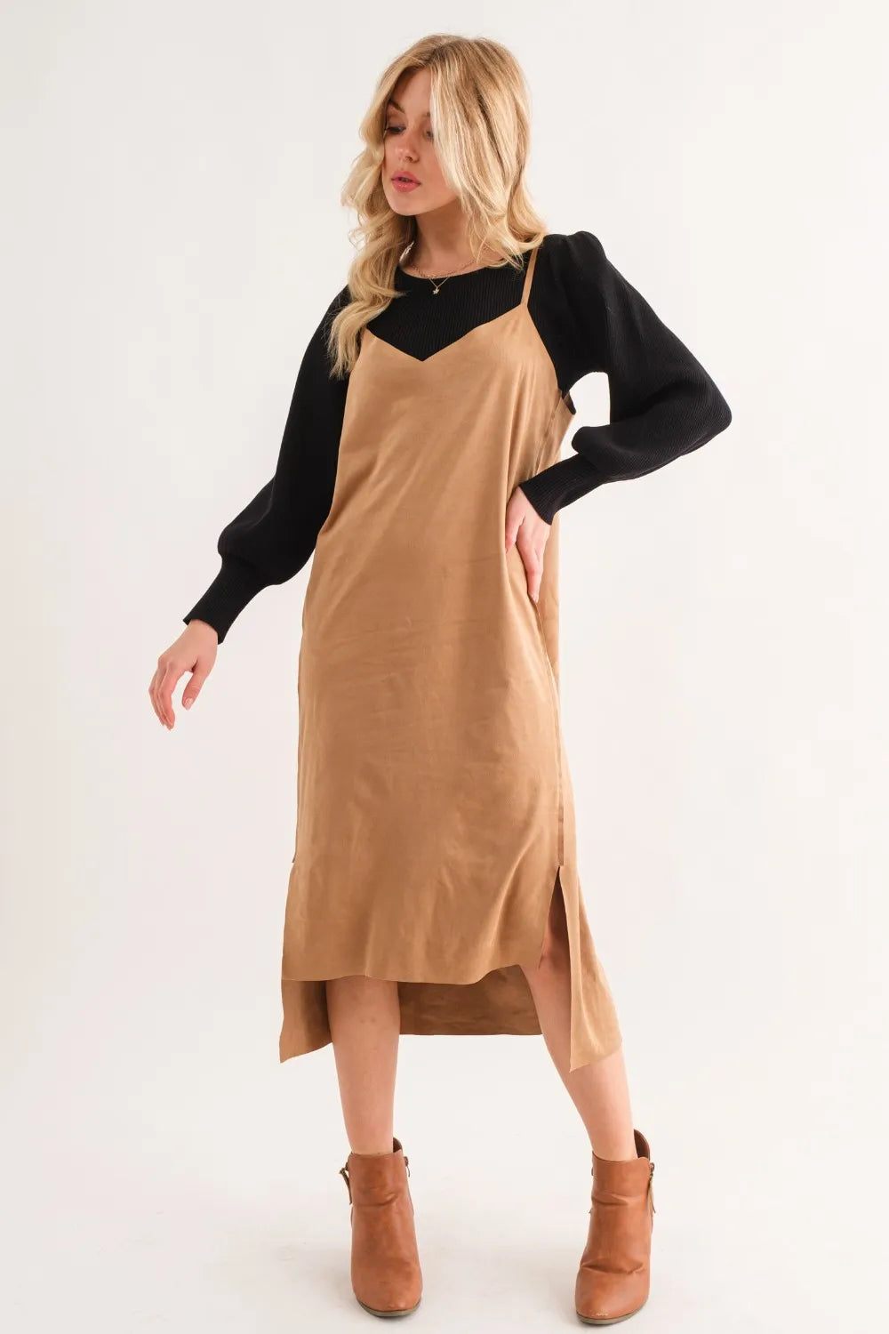 And The Why faux suede cut edge slit cami midi dress by Trendsi, featuring a sleek sleeveless design with a slit detail and midi length.