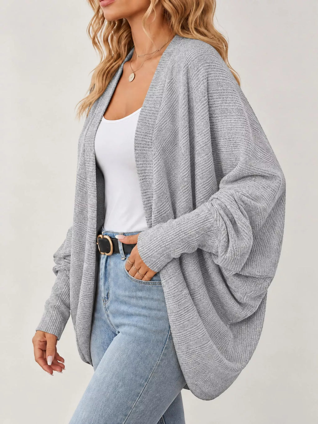 Open-front ribbed batwing sleeve cardigan, view 36