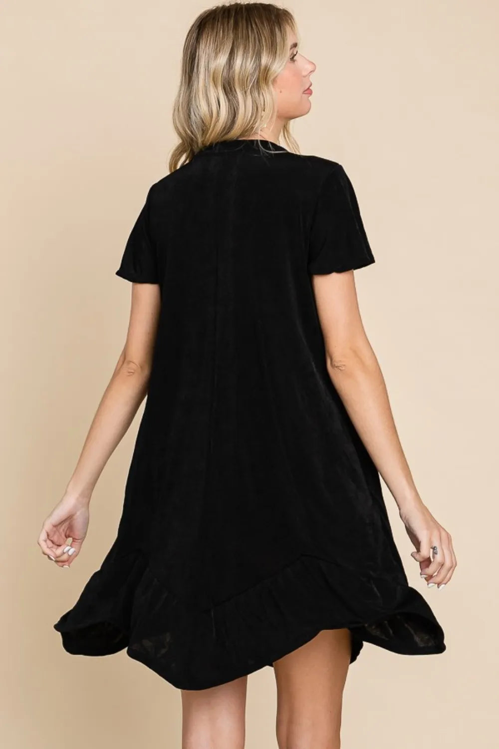 Culture Code short sleeve ruffled dress with asymmetric hem, showcasing a stylish, flowy design in a full size fit.
