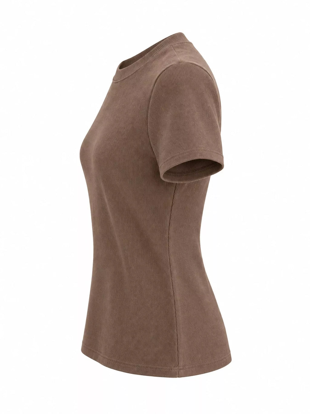 Slim-fit crew neck basic T-shirt by Trendsi, shown in a neutral color, close-up of fabric and fit details.