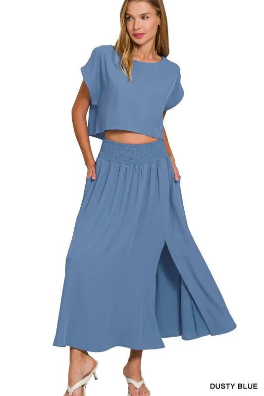 Zenana woven crinkle gauze crop tee and skirt set, trendy casual outfit with textured fabric and relaxed fit.