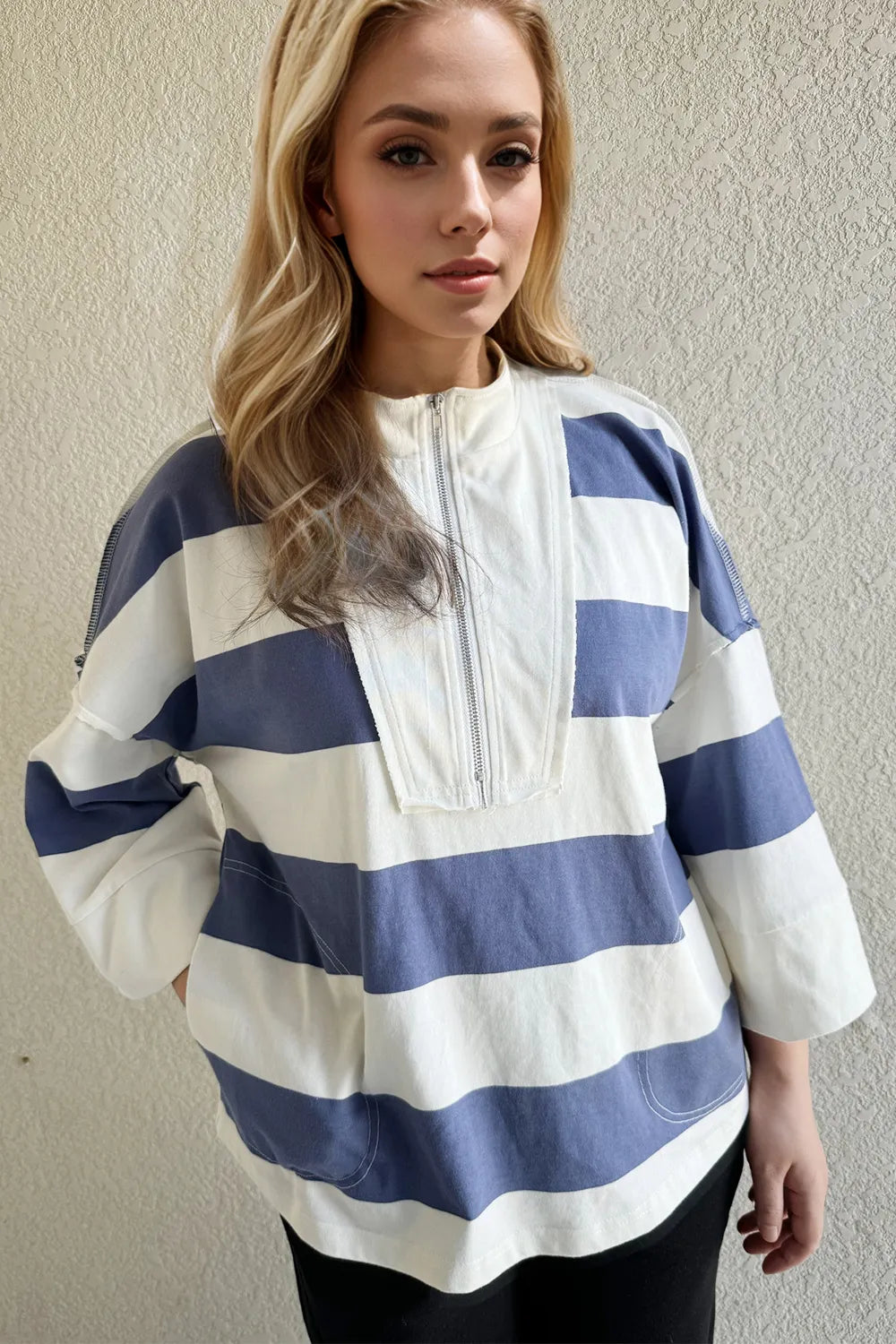 Trendsi Oh Pima Cotton Wash striped half zip mock neck long sleeve top, white and navy with ribbed cuffs and collar, casual style