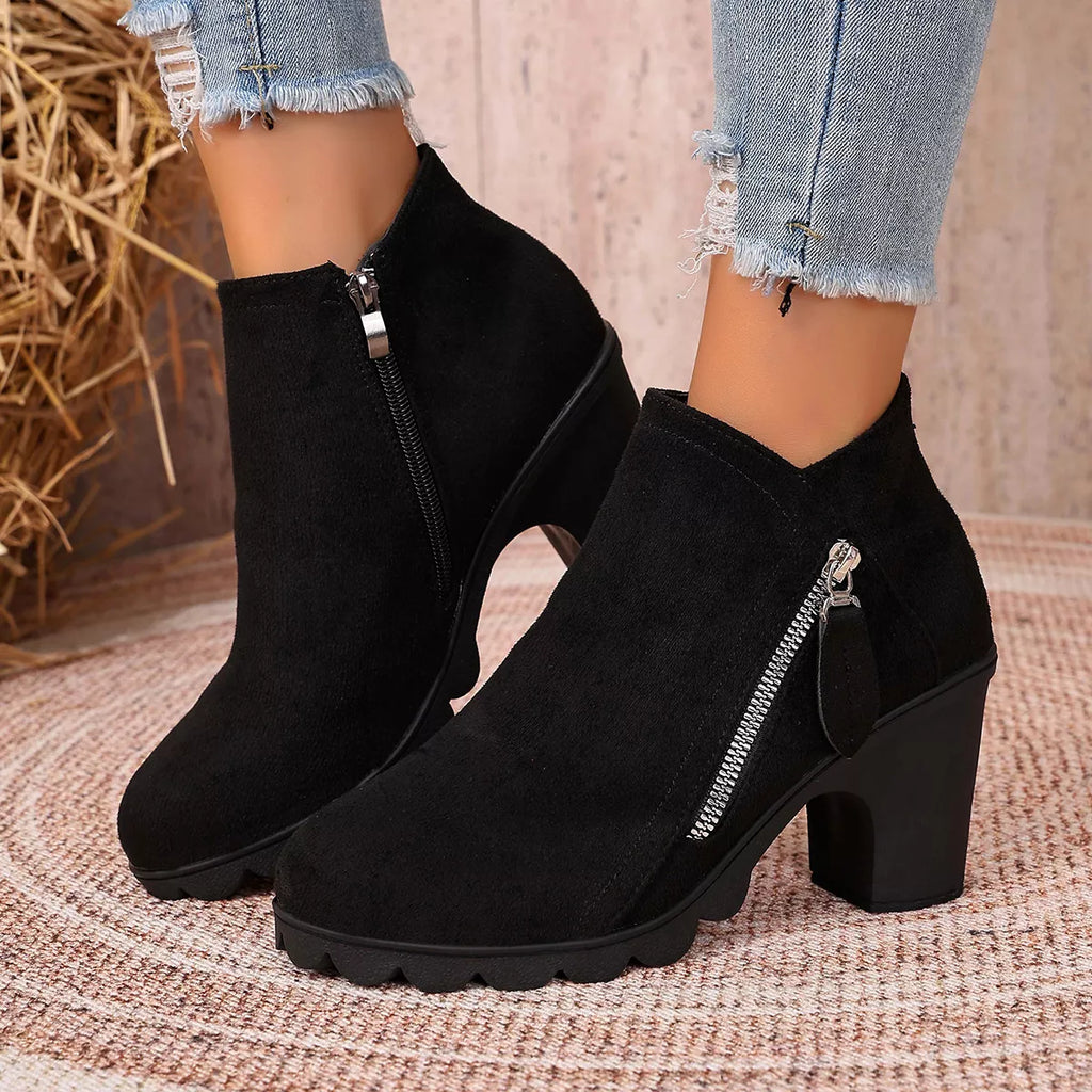 Round toe mid block heel boots