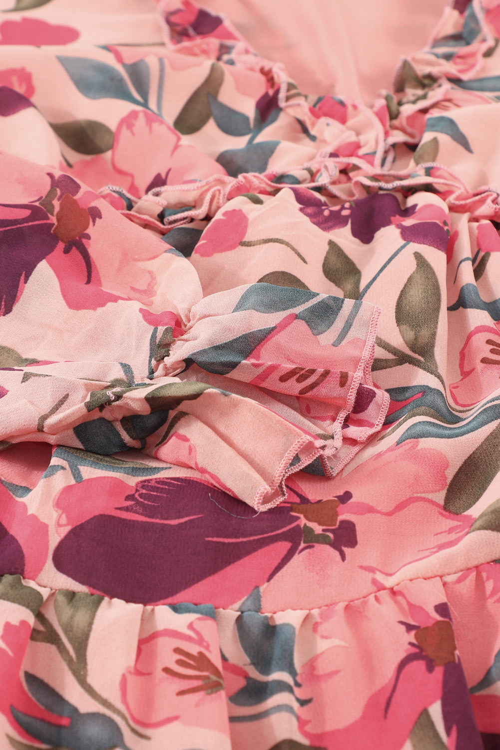 Floral frill trim plunge maxi dress with flounce sleeves, featuring a flowing silhouette and vibrant floral pattern.