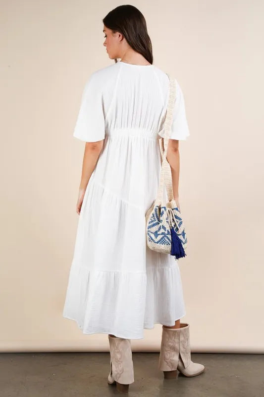 Very J Mineral Washed Elastic Neck Midi Dress by Trendsi, featuring a relaxed fit with elastic neckline and midi length, in soft mineral wash fabric.