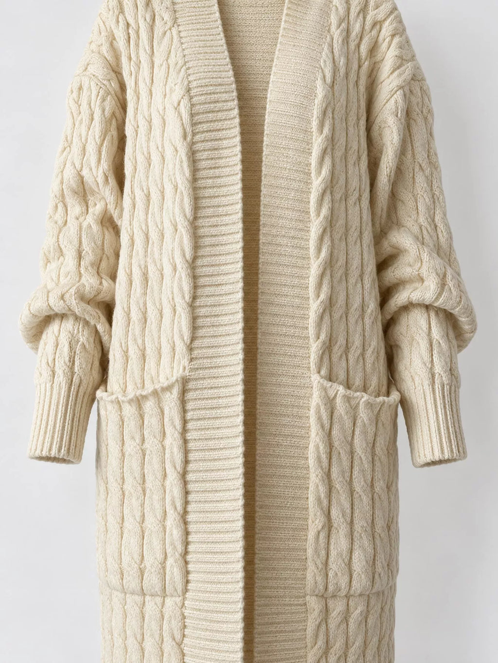 Cable knit longline open-front cardigan, view 3