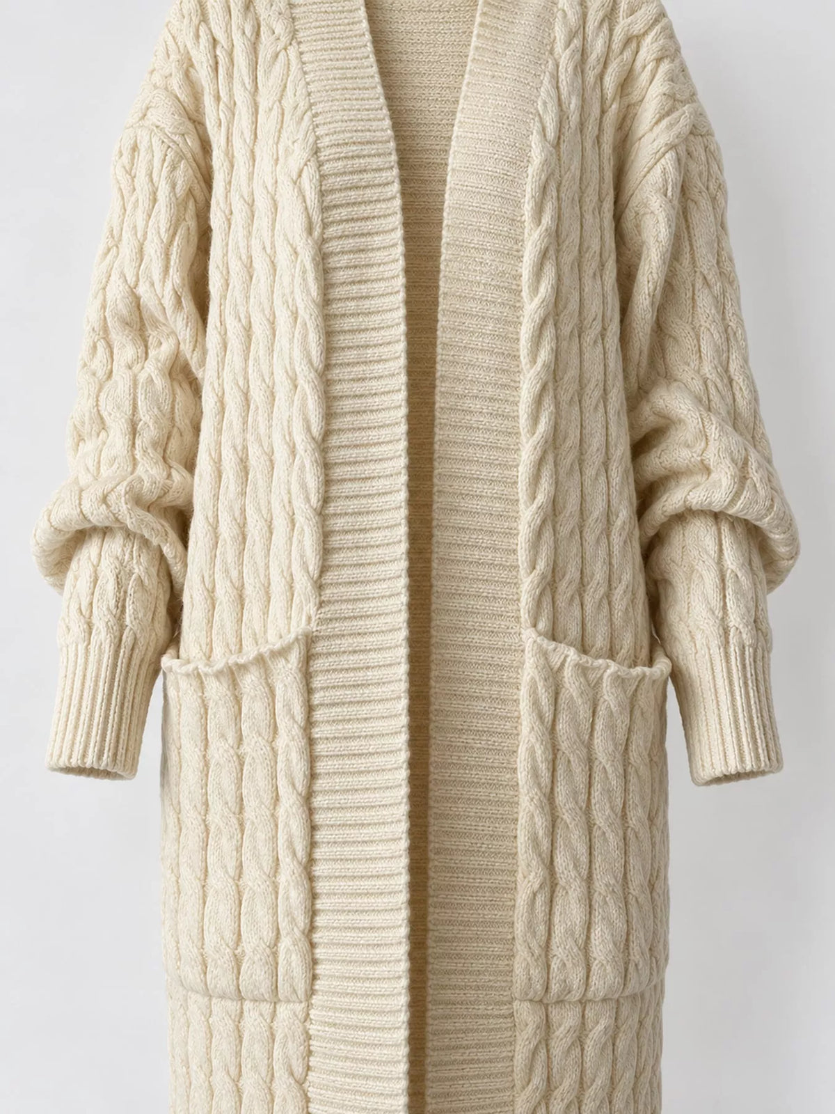 Cable knit longline open-front cardigan, view 3