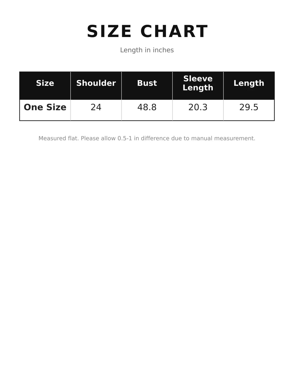 Size chart for gray button-down denim shacket