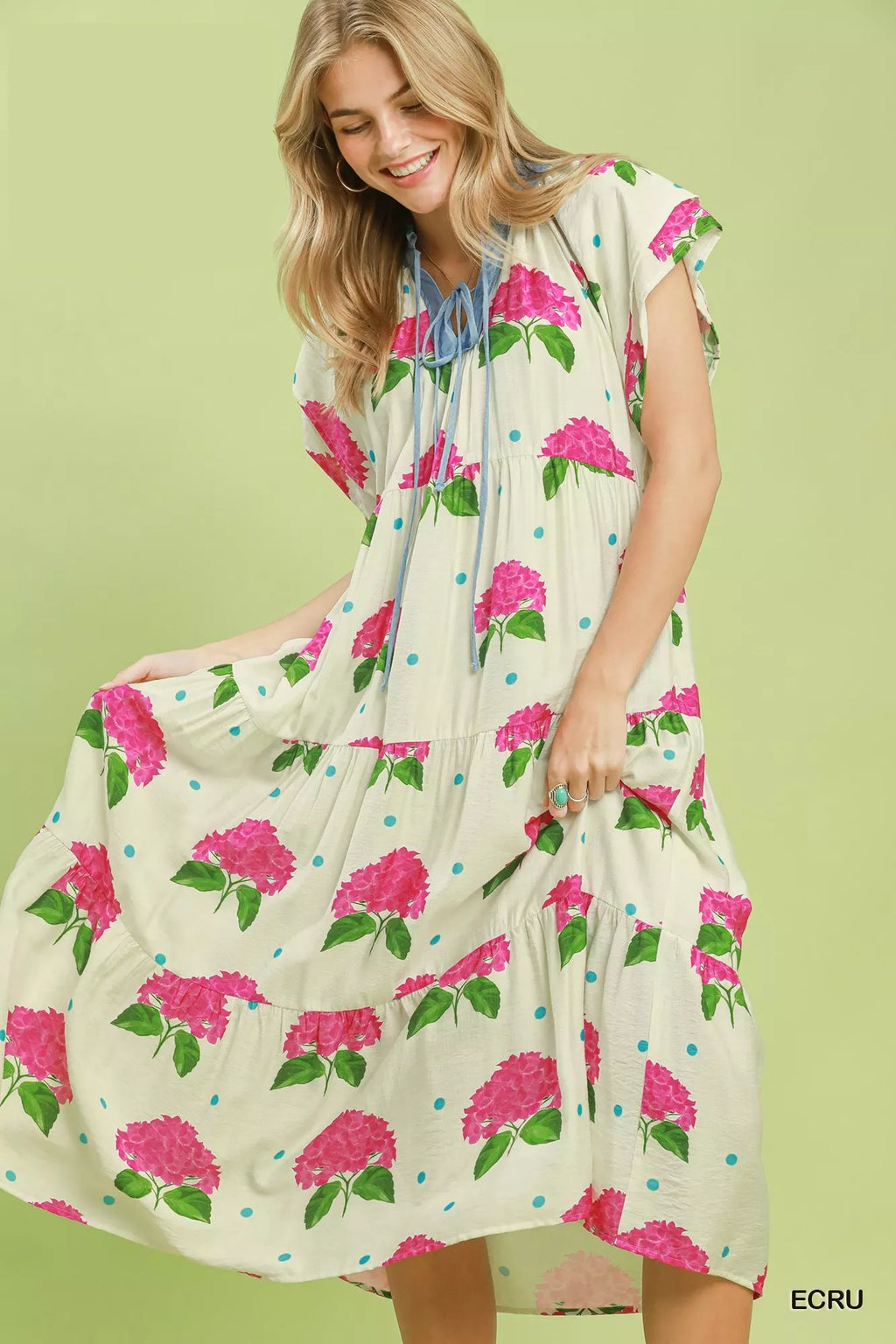 Umgee Hydrangea print tiered midi dress featuring flowy fabric and floral pattern, perfect for summer or casual wear.