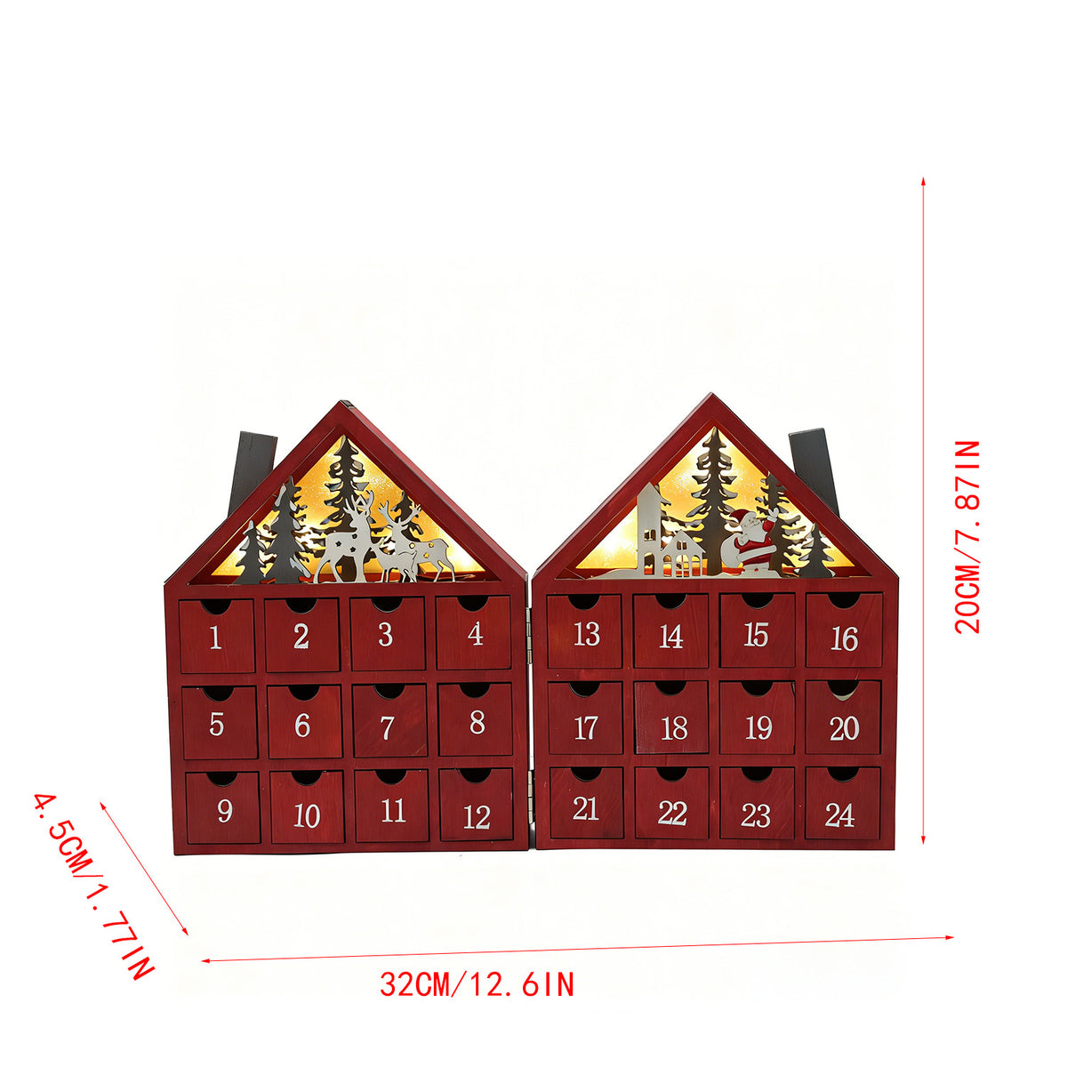 Red wooden house Christmas advent calendar with 24 drawers