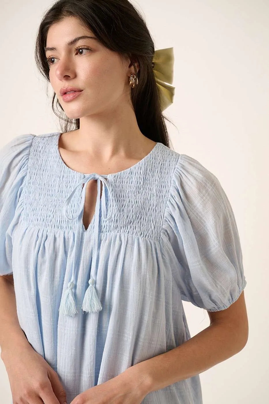 Trendsi Mittoshop plaid gauze mini dress with tassel tie, short sleeves, and a casual, stylish design.