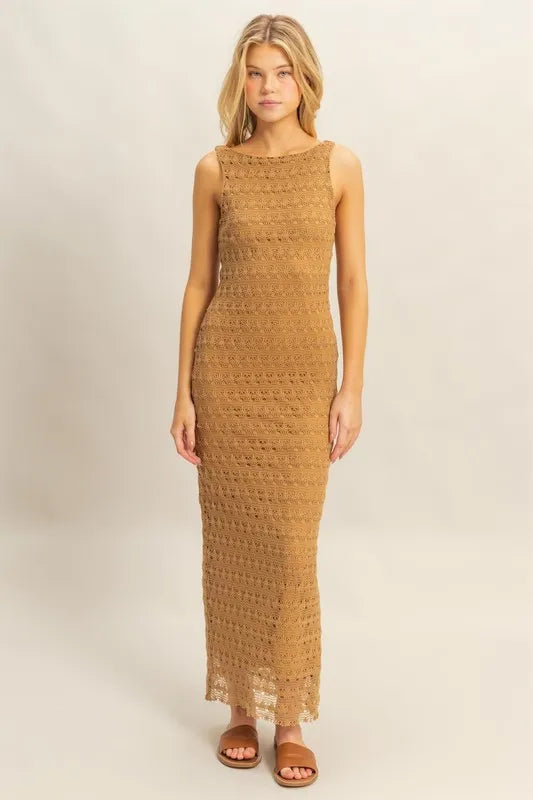 Hydrangea blue sleeveless crochet open back maxi dress by HYFVE with flowing silhouette and intricate crochet details.