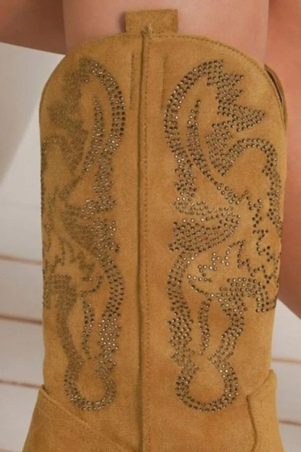 Beast Fashion Rhinestone Detail Point Toe Boots by Trendsi, featuring sparkling rhinestones and sleek design for stylish footwear.